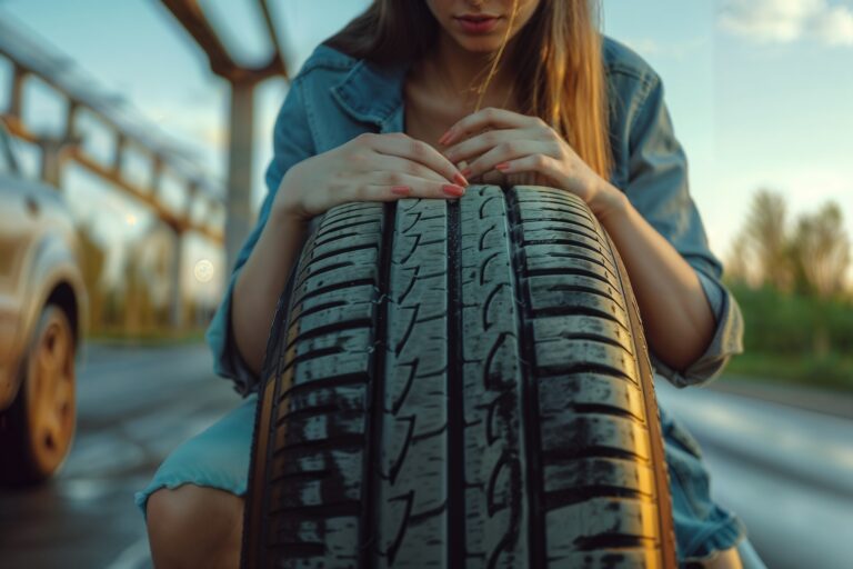 mujer cambiando la rueda de su coche
