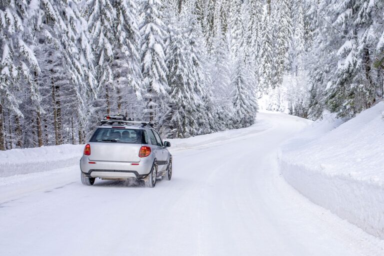 Coche en una carretera con nieve rodeado de arboles cubiertos de nieve