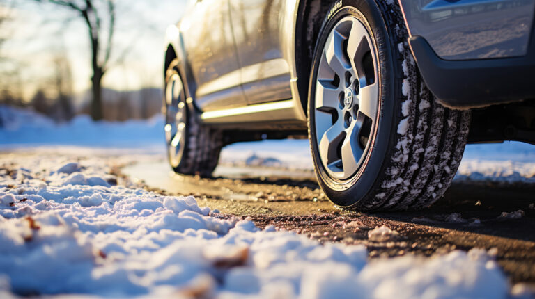 car equipped with snow tires wintery road