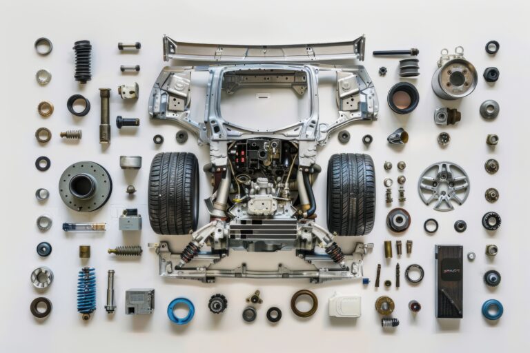 classic car restoration vintage car surrounded by array automotive parts mechanical