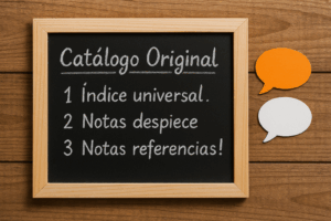 Pizarra con el borde de madera con el texto Catalgo Original escrito con tiza