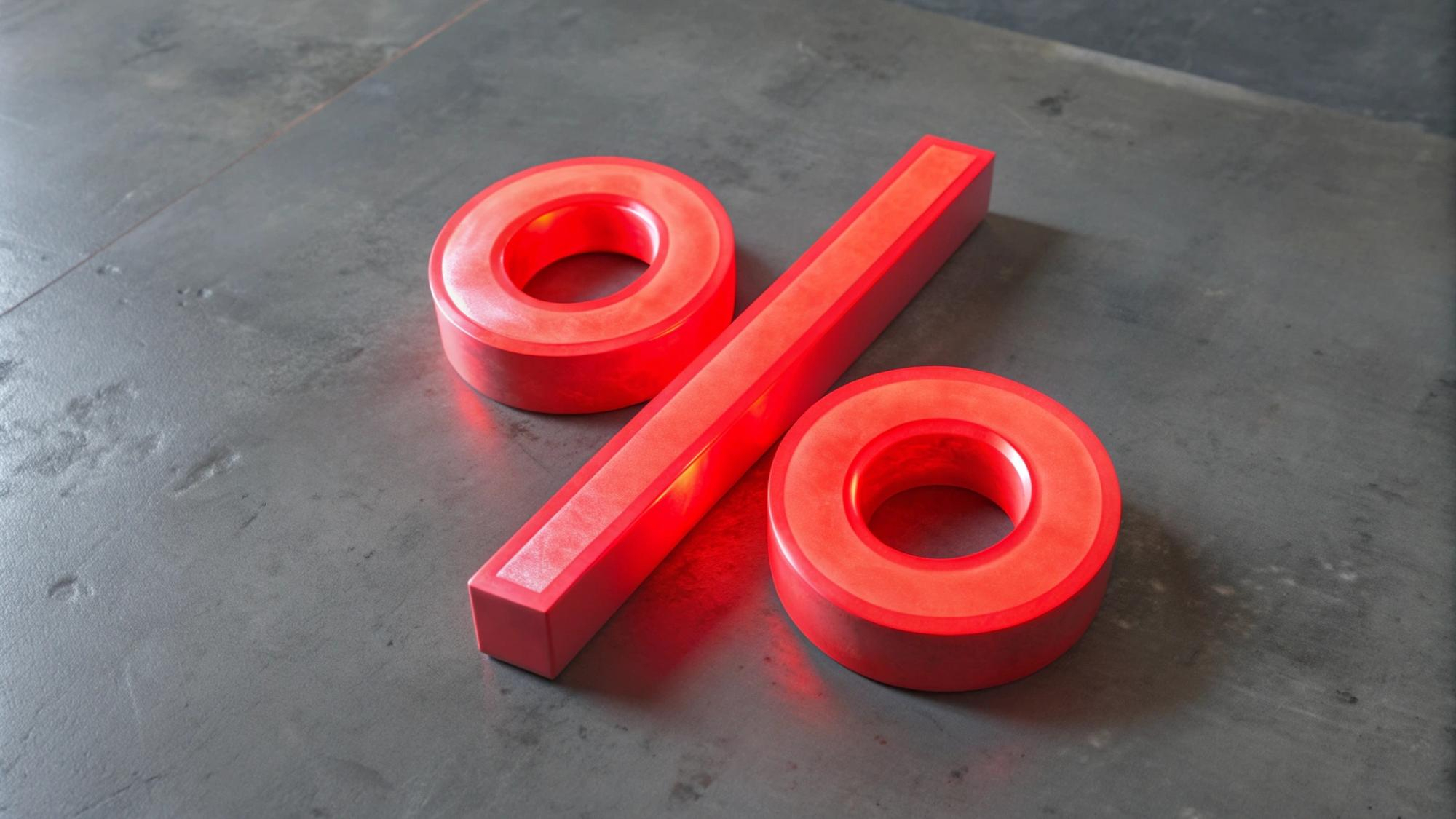 simbolo de porcentaje en 3D en rojo sobre suelo de cemento