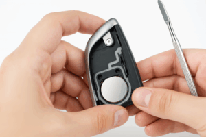 Guia fácil: Como mudar a bateria da chave do teu carro em minutos 2 Pessoa a mudar a bateria da chave do teu carro com uma moeda.