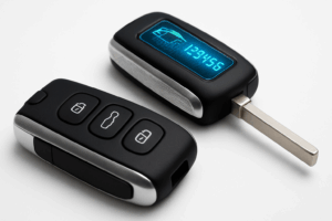 Códigos de las llaves de coche: Qué son y cómo funcionan 4 Llaves de coche con códigos grabados en una mesa de taller.