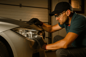 Homem ajustando o farol do carro em casa com chave de fenda.
