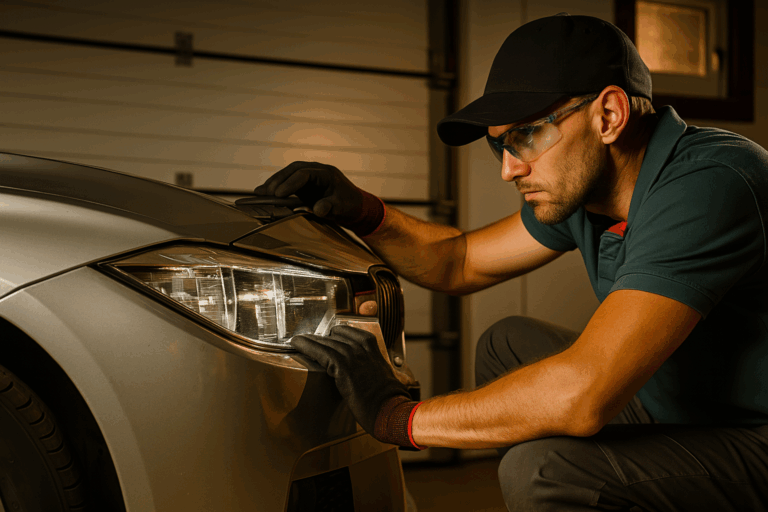 Como ajustar o farol do carro em casa 15 Homem ajustando o farol do carro em casa com chave de fenda.