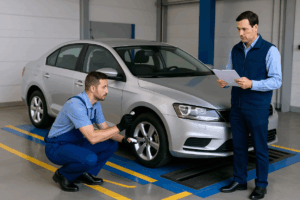 Veículo passando por inspeção veicular obrigatória em centro autorizado.