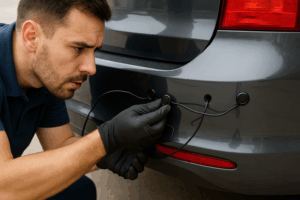 Técnico realizando instalación sensores de aparcamiento para coches