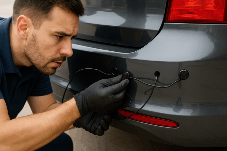 Técnico realizando instalación sensores de aparcamiento para coches