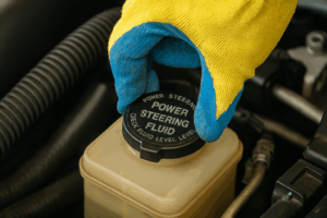 Mecânico trocando o óleo da direção assistida de um carro