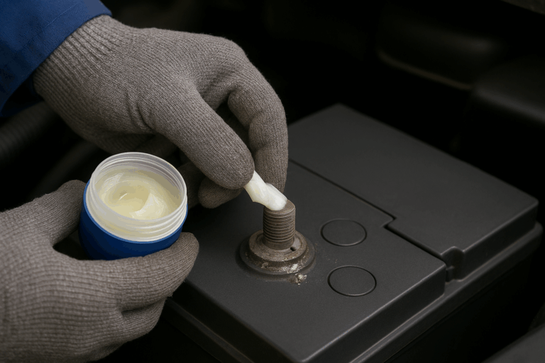 Aplicación vaselina dieléctrica en bateria de un coche