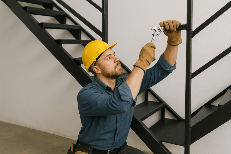 Como instalar uma escada de ferro com segurança 3 Profissional instalando uma escada de ferro