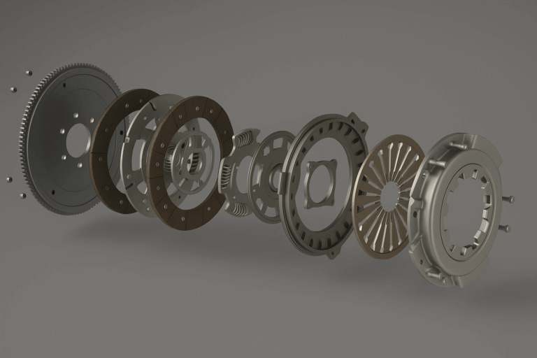 La importancia de purgar el sistema de embrague correctamente 4 Embrague de coche en detalle con piezas visibles.