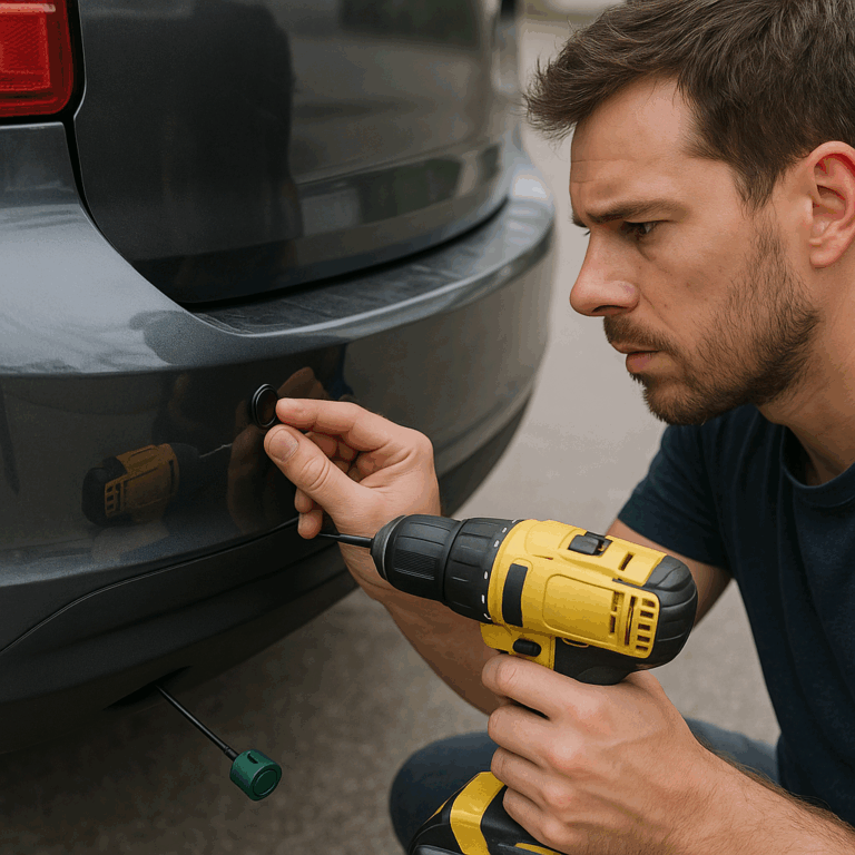Cómo instalar sensores de aparcamiento en tu coche paso a paso 8 Instalación sensor aparcamiento en parachoques trasero de coche.