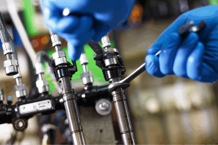 Extractor de inyectores neumático utilizado en un taller profesional.