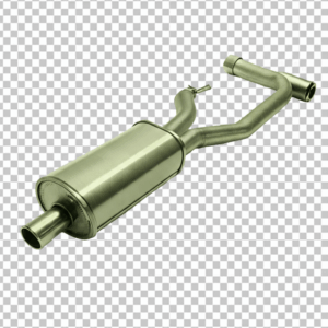 Silenciador de escape metálico instalado num carro moderno.