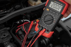 Cómo Usar el Polímetro para Diagnósticos Eléctricos: Guía para Mecánicos 1 Mecánico utilizando un polímetro para medir tensión en el sistema eléctrico de un vehículo dentro del taller.