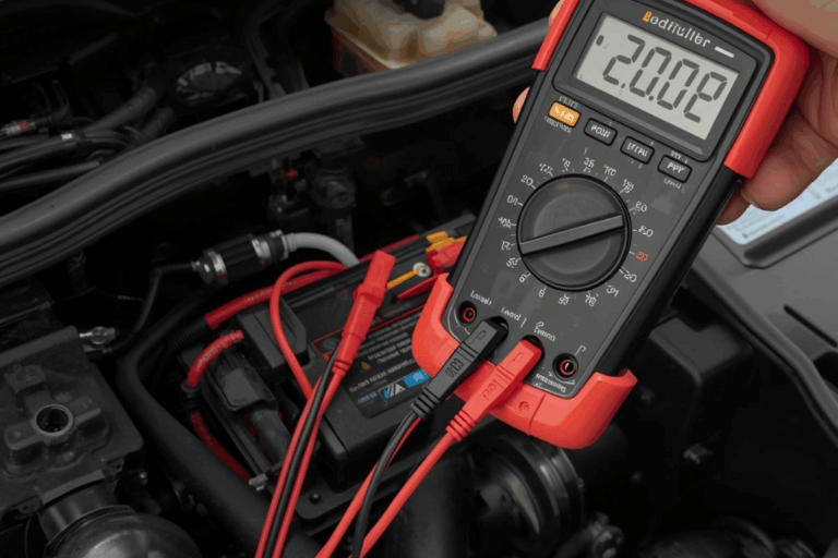 Mecánico utilizando un polímetro para medir tensión en el sistema eléctrico de un vehículo dentro del taller.