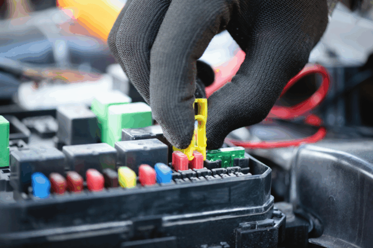 Mécanicien choisissant le fusible approprié pour une voiture parmi différents types et ampérages.