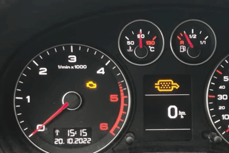 Mécanicien consultant le tableau de bord d’une voiture avec le voyant FAP allumé pour diagnostiquer le problème.