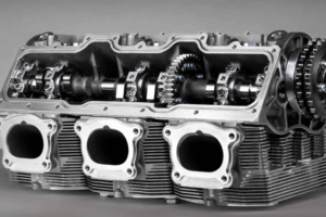 Mécanicien inspectant un couvre-culasse sur un moteur automobile dans un atelier.