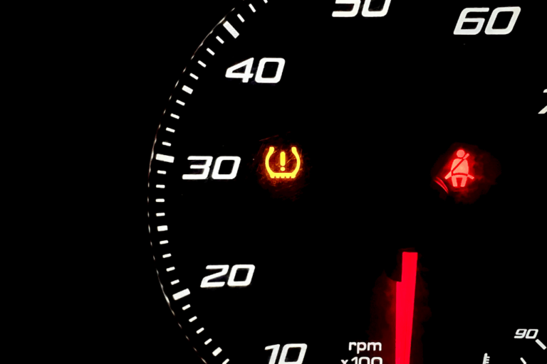 Avaria no TPMS: Como diagnosticar a luz de pressão dos pneus persistente 9 Painel de automóvel a mostrar a luz de aviso do TPMS acesa, simbolizando uma avaria no sistema de monitorização da pressão dos pneus.