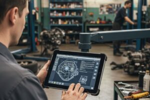 Technicien consultant des documents techniques sur un ordinateur dans un atelier multimarque.