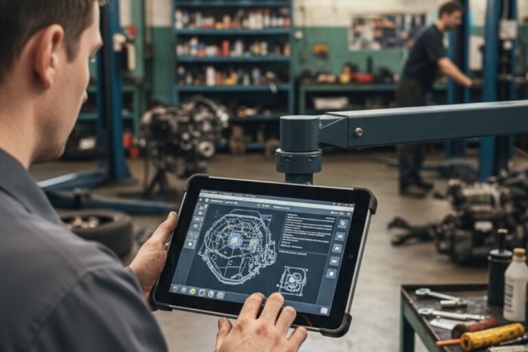 Accès à l'information technique: La clé pour les ateliers multimarca 9 Technicien consultant des documents techniques sur un ordinateur dans un atelier multimarque.