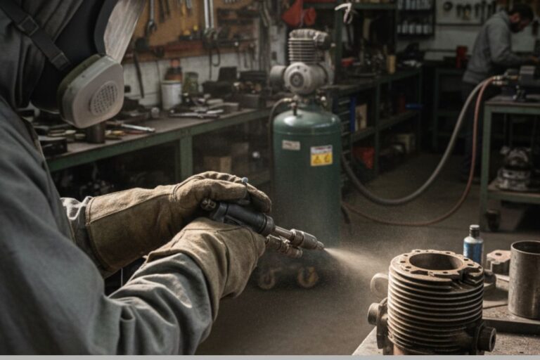 Aérogommage: Comment intégrer ce service rentable dans votre atelier 3 Technicien réalisant un aérogommage sur une pièce automobile dans un atelier.