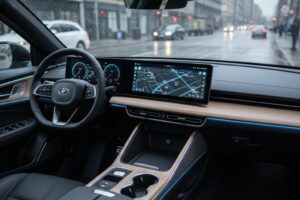 Mecánico calibrando sensores ADAS de un vehículo utilizando software y equipamiento especializado en el taller.