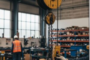 Choisir un palan industriel : Guide d'investissement pour l'atelier 5 Technicien évaluant un palan industriel dans un atelier pour choisir le bon équipement.