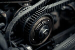 Technicien évaluant le coût du remplacement d’une courroie de distribution sur un moteur.