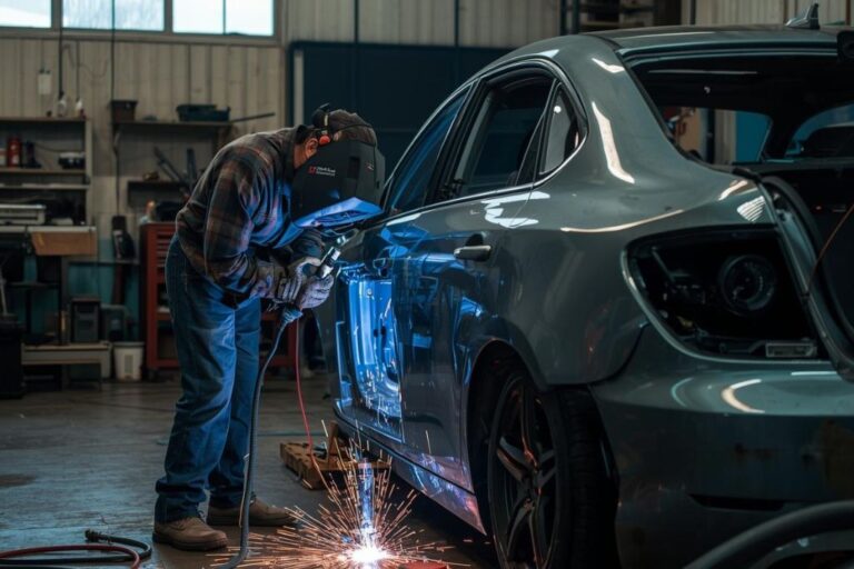 Como orçamentar serviços de soldadura e carroçaria na sua oficina 22 Técnico a realizar trabalho de soldadura numa carroçaria, com ferramentas de soldar e painel automóvel fixado para reparação.