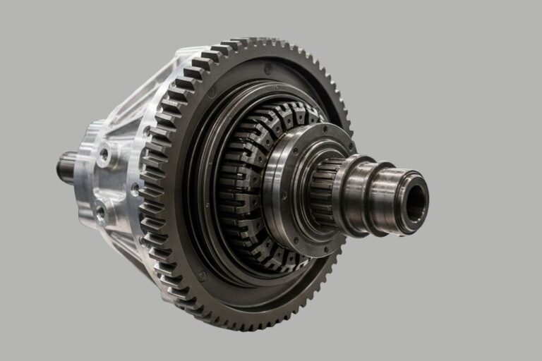 Diferencial autoblocante de veículo numa bancada de oficina, mostrando componentes e funcionamento.