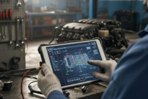 Digitalisation du diagnostic du circuit de refroidissement 1 Technicien utilisant un outil numérique pour diagnostiquer le circuit de refroidissement d’un véhicule.