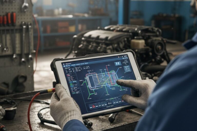 Digitalisation du diagnostic du circuit de refroidissement 1 Technicien utilisant un outil numérique pour diagnostiquer le circuit de refroidissement d’un véhicule.