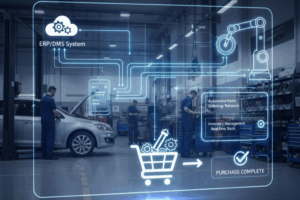 Computador numa oficina a mostrar a integração de um sistema ERP com DMS para automatizar a compra de peças.