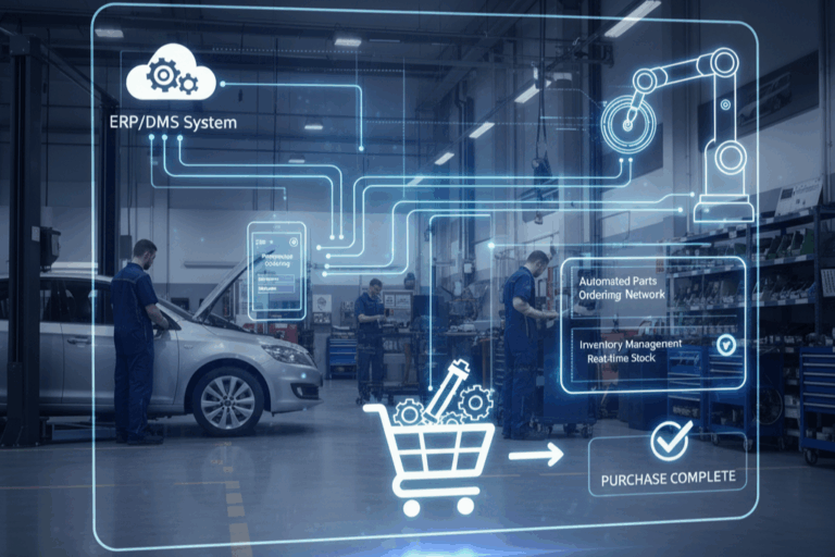Computador numa oficina a mostrar a integração de um sistema ERP com DMS para automatizar a compra de peças.