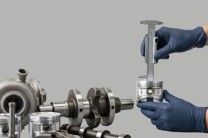 Técnico a organizar e verificar peças de motor recebidas de diferentes fornecedores numa bancada de oficina, com foco na gestão eficiente de stock.