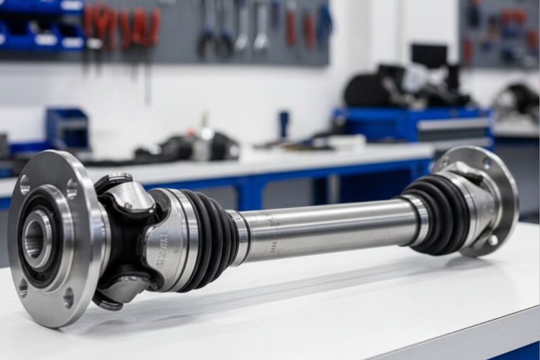 Mecánico revisando juntas de cardán para gestionar garantías y analizar la rentabilidad de las reparaciones.