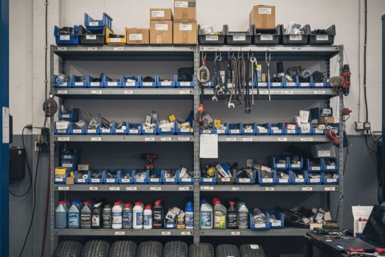 Gestión de Inventario Físico: Diseño Eficiente de Estanterías Taller 5 Estanterías organizadas en un taller con piezas y recambios clasificados para mejorar la gestión del inventario físico.