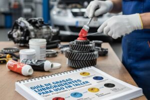 Vários tipos de massas lubrificantes dispostos numa bancada de oficina, mostrando diferentes aplicações para mecânicos.