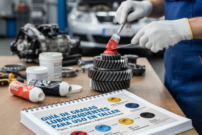 Vários tipos de massas lubrificantes dispostos numa bancada de oficina, mostrando diferentes aplicações para mecânicos.