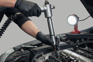 Mecánico utilizando un extractor de inyectores neumático para retirar inyectores de un motor en el taller.