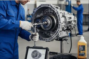 Técnico de oficina a inspecionar e realizar manutenção numa transmissão CVT de um veículo.