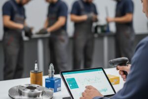 Technicien consultant le suivi logistique de pièces automobiles via RecambioFácil sur tablette.