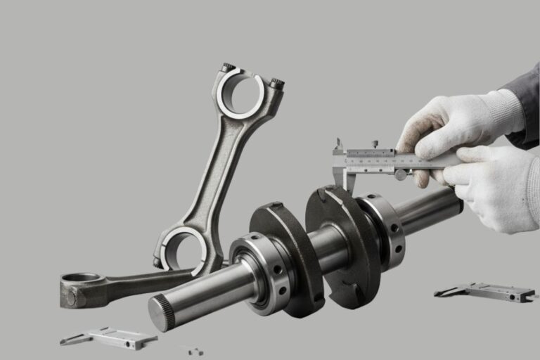 Orçamentar reparações de motor: Custos de bielas e cambotas 1 Bielas e cambotas de motor sobre uma bancada de oficina, com ferramentas e calculadora para orçamentação.