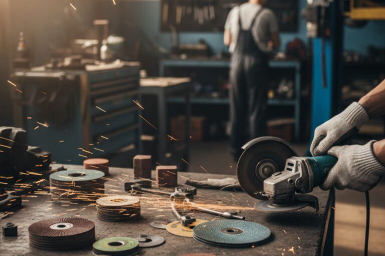 Otimização de custos em consumíveis de oficina (discos, lixas, etc.) 19 Discos, lixas e outros consumíveis organizados numa bancada de oficina, prontos para utilização eficiente.