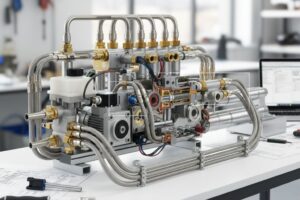 Mecánico revisando un sistema hidráulico complejo mientras analiza un presupuesto para optimizar la rentabilidad de la reparación.