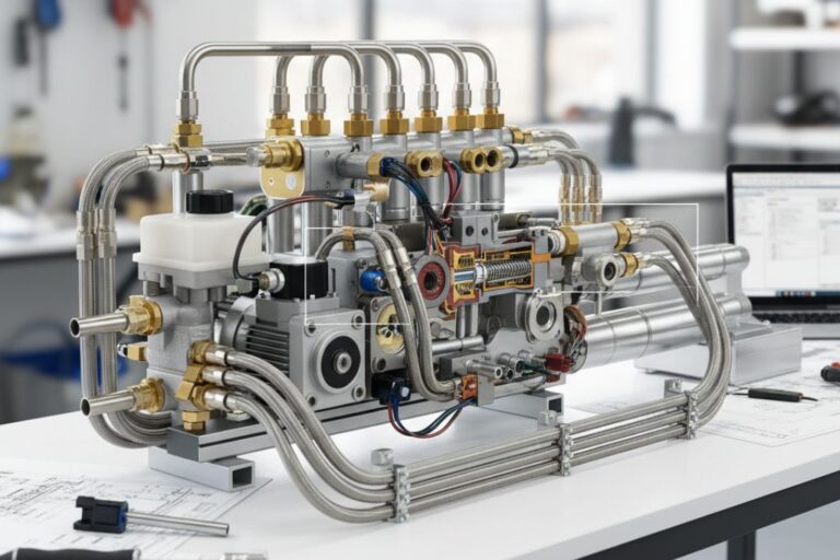 Presupuestos en Sistemas Hidráulicos Complejos: Claves de Rentabilidad 4 Mecánico revisando un sistema hidráulico complejo mientras analiza un presupuesto para optimizar la rentabilidad de la reparación.